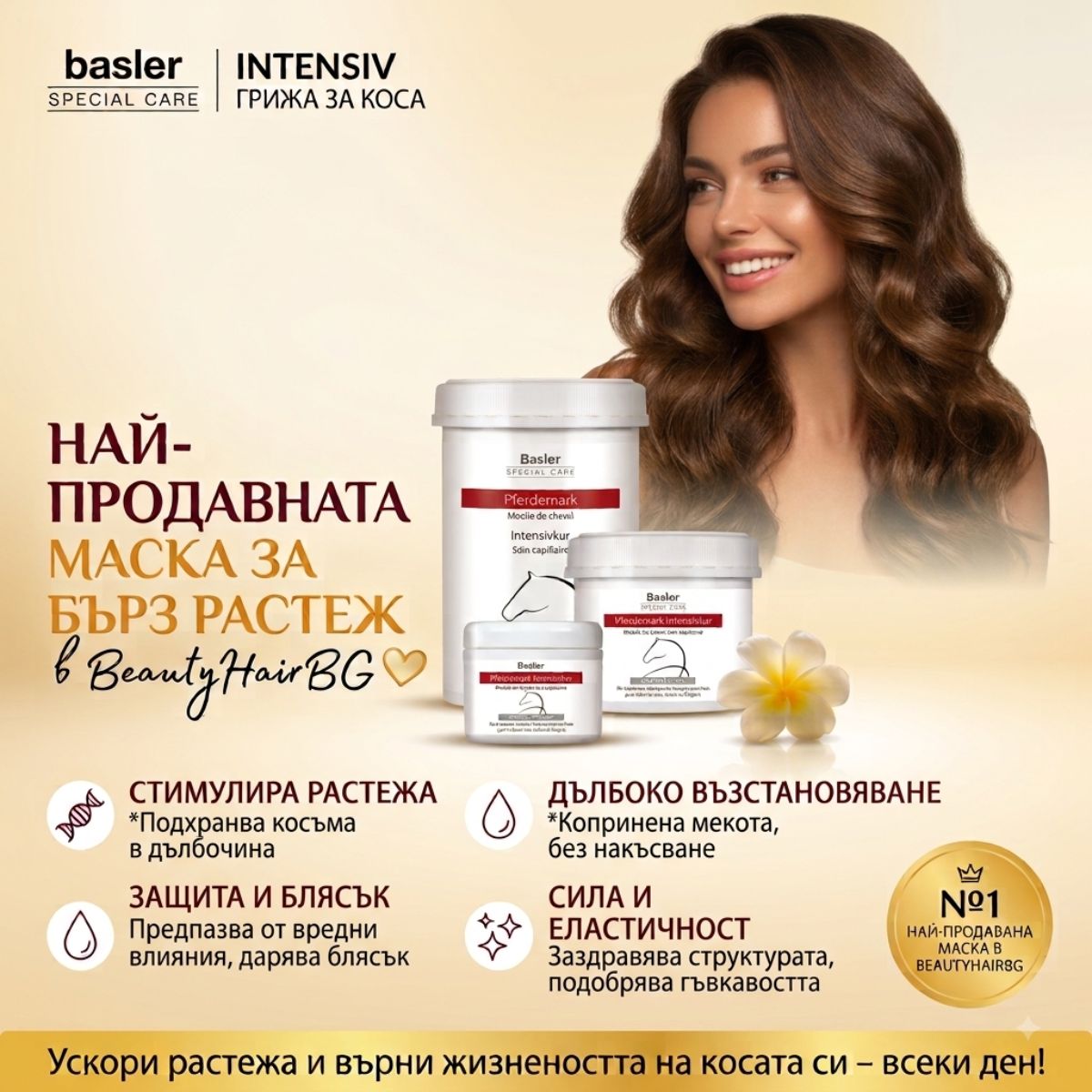 Професионална маска за бърз растеж и дълбоко възстановяване на косата Basler Intensiv от BeautyHairBG – за здравина, блясък и копринена мекота.